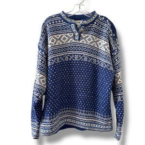 Vintage L.L. Bean Blue Nordic 3-Button Fair Isle Wool Sweater Women's Size Large